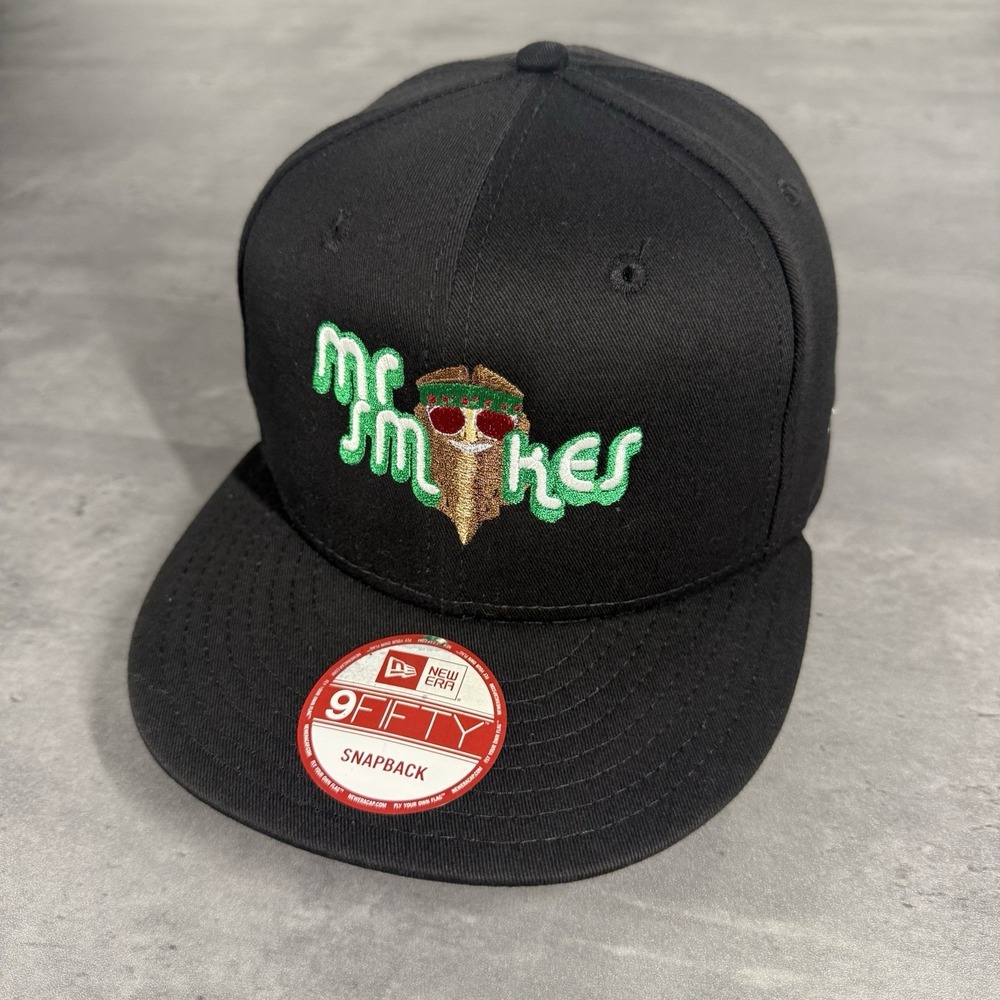 New Era Mr Smokes Snapback Hat Black Green Weed Pot Smoker Trucker Cap Art Vegan